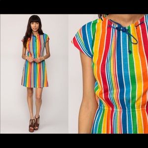 Rainbow Dress 70s Stripe Mini Hippie Boho 80s Vintage High Waisted Small